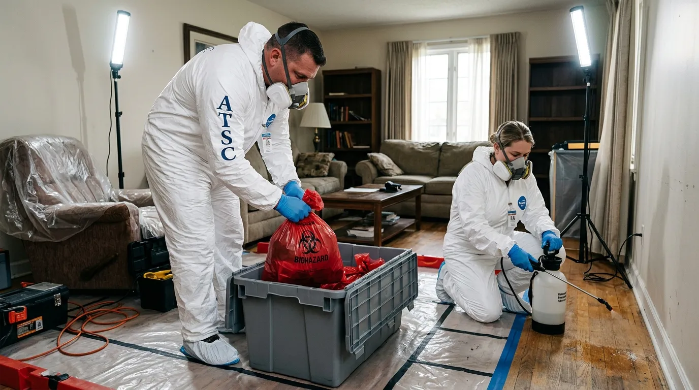 Professional Biohazard Cleanup technician in full PPE working in Saint Johns
